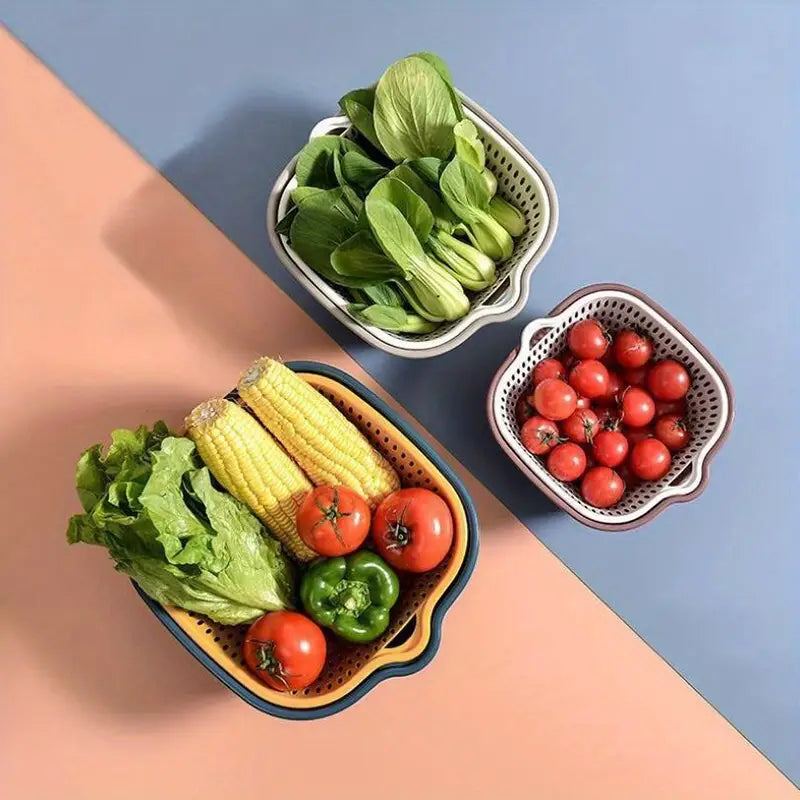 Set of 3 Plastic Colander Double-Layer Drain Basket Strainers for Vegetables