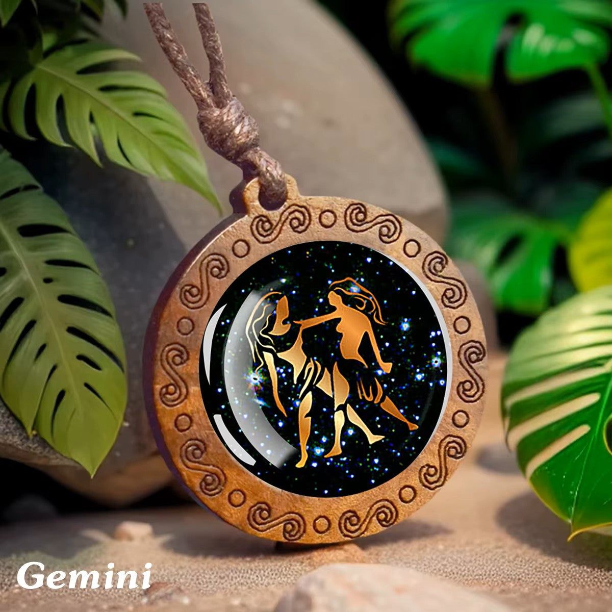 Zodiac Sign Horoscope Rope Necklace With Wood Pendant