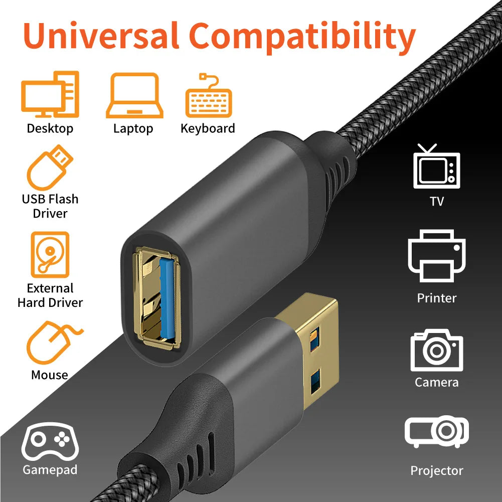Braided USB 3.0 Extension Cable Data Transfer Lead Male to Female 3m BLACK