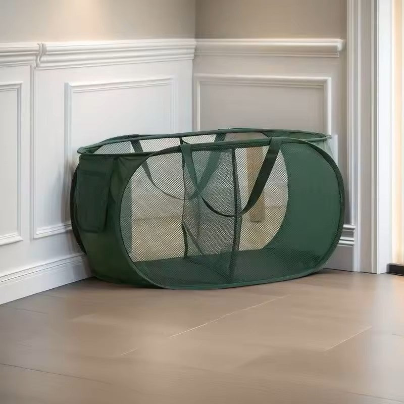 2 Slot Foldable Compact Laundry Basket Mesh Pop Up Laundry Hamper With Side Pocket Green - klmarket.uk