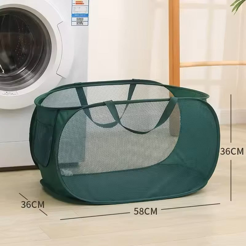 Foldable Compact Laundry Basket Mesh Pop Up Laundry Hamper With Side Pocket Green - klmarket.uk