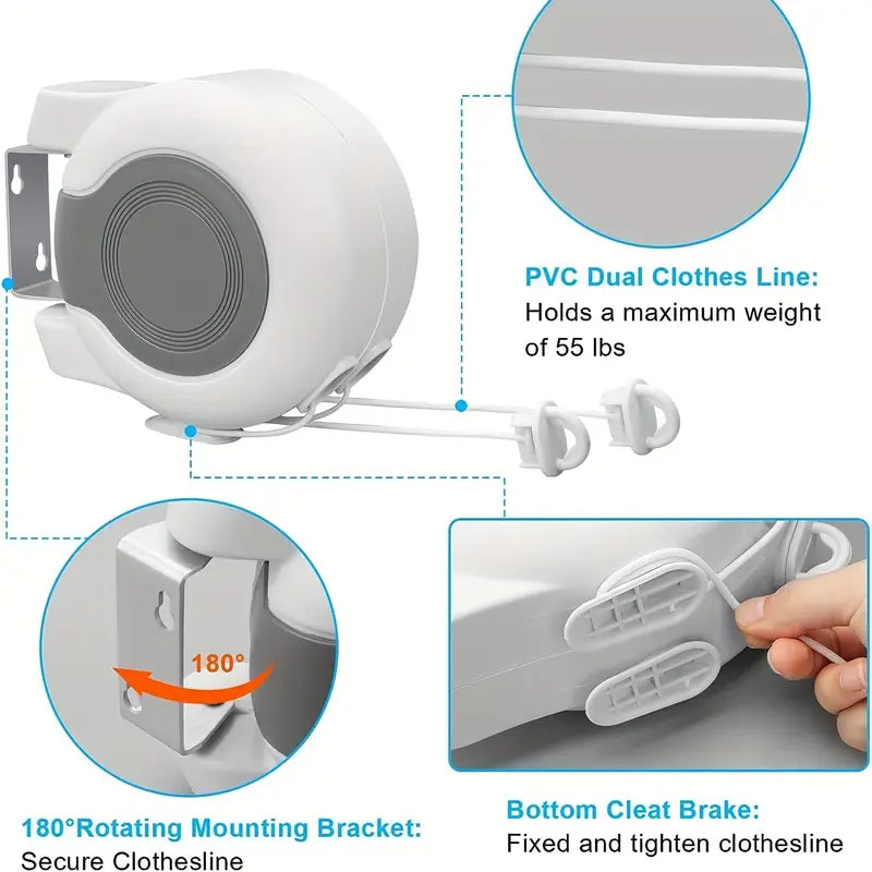 Wall-Mounted Dual Retractable Rope, Heavy-Duty Laundry Drying Line WHITE - klmarket.uk