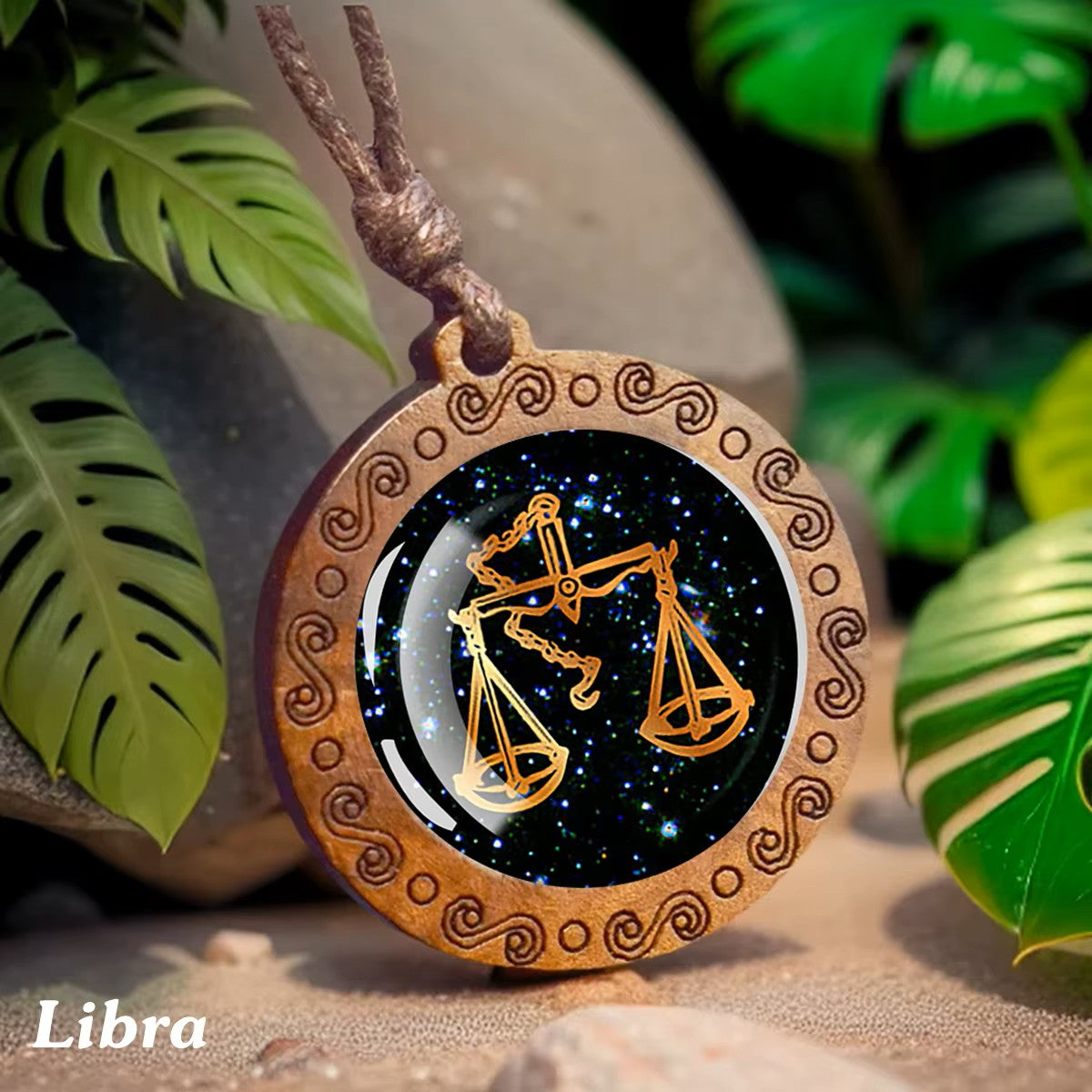 Zodiac Sign Horoscope Rope Necklace With Wood Pendant