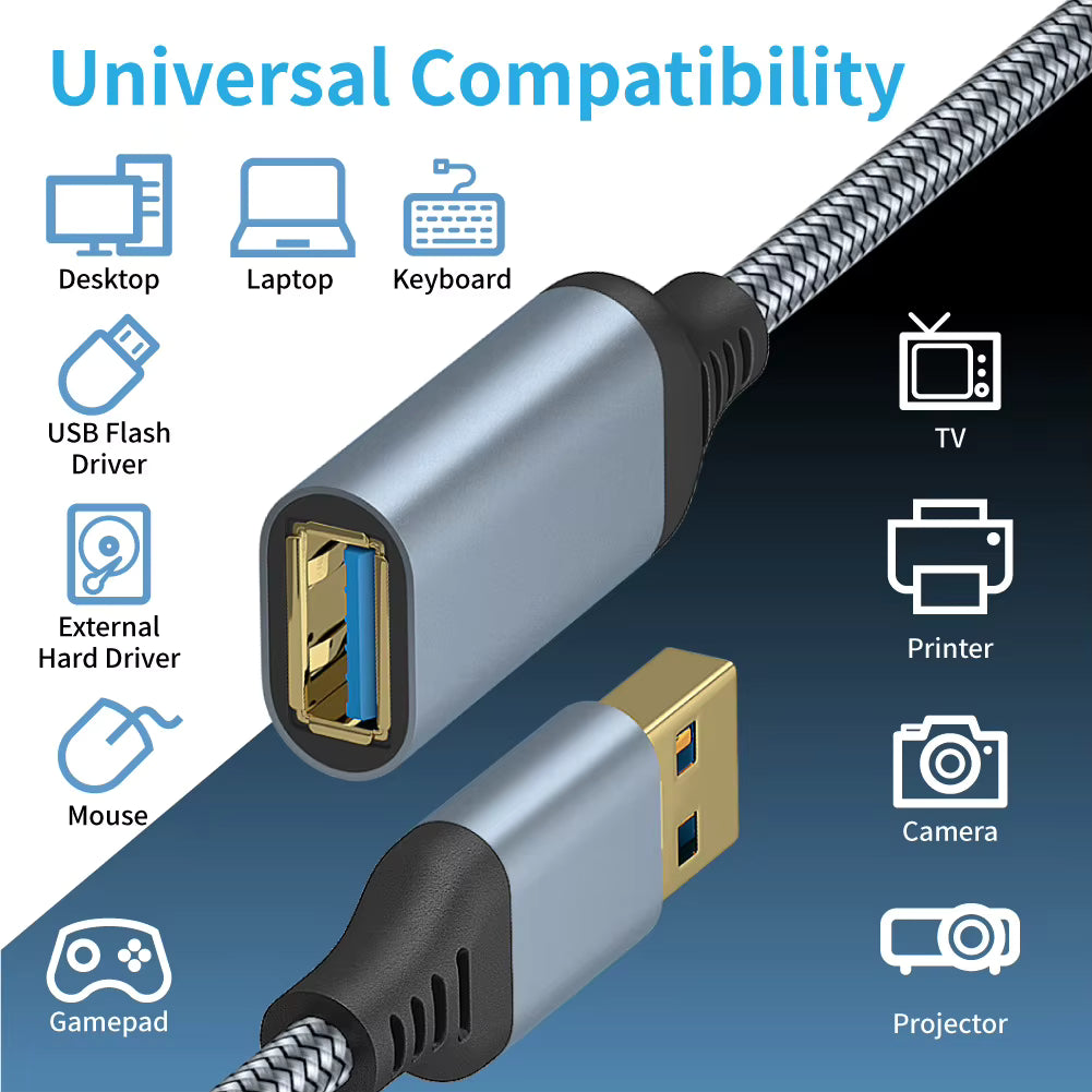 Braided USB 3.0 Extension Cable Data Transfer Lead Male to Female 3m GREY
