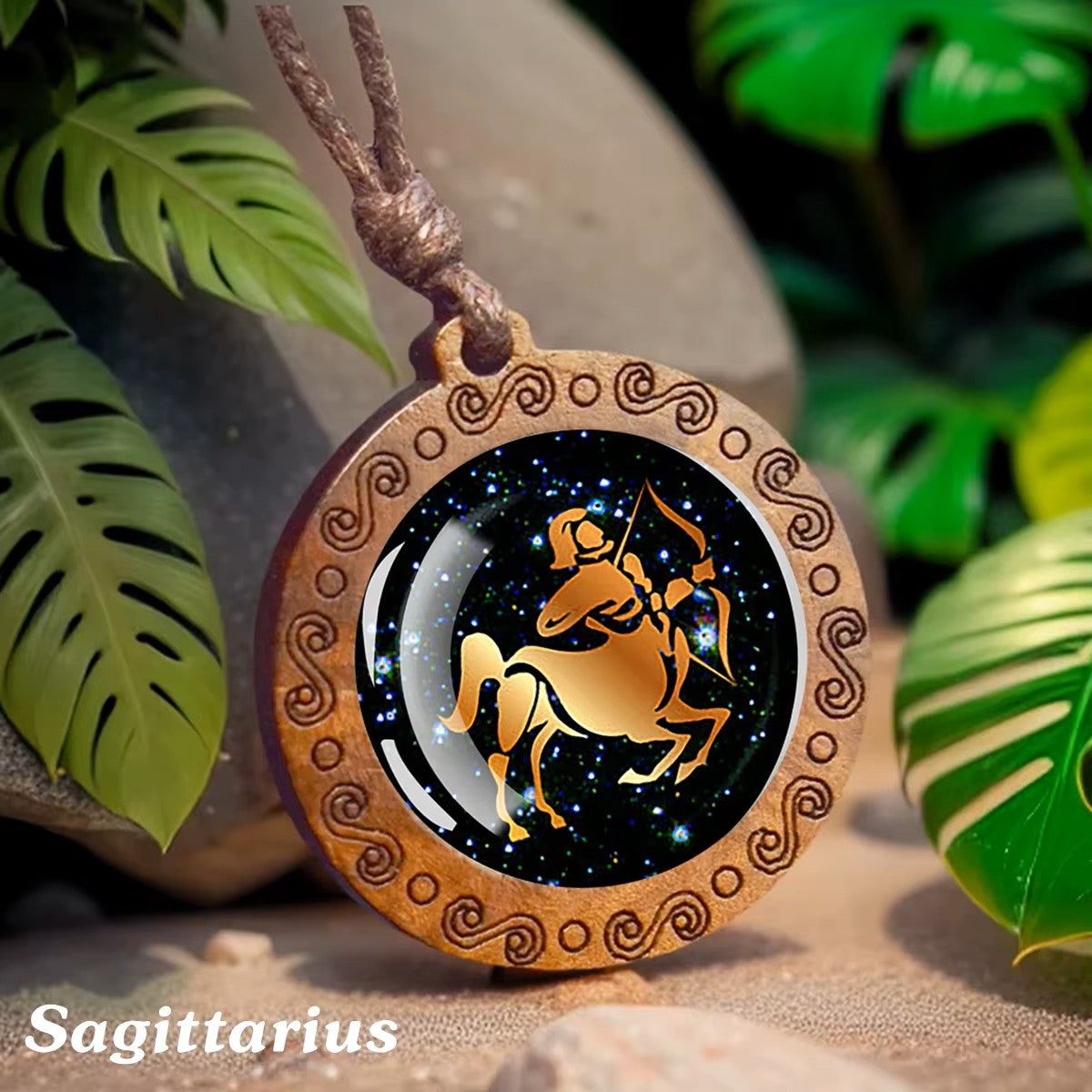 Zodiac Sign Horoscope Rope Necklace With Wood Pendant