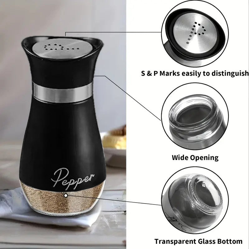 Salt and Pepper Shaker Set - 1 Stand + 2 Bottles Glass Bottle + Stainless Steel
