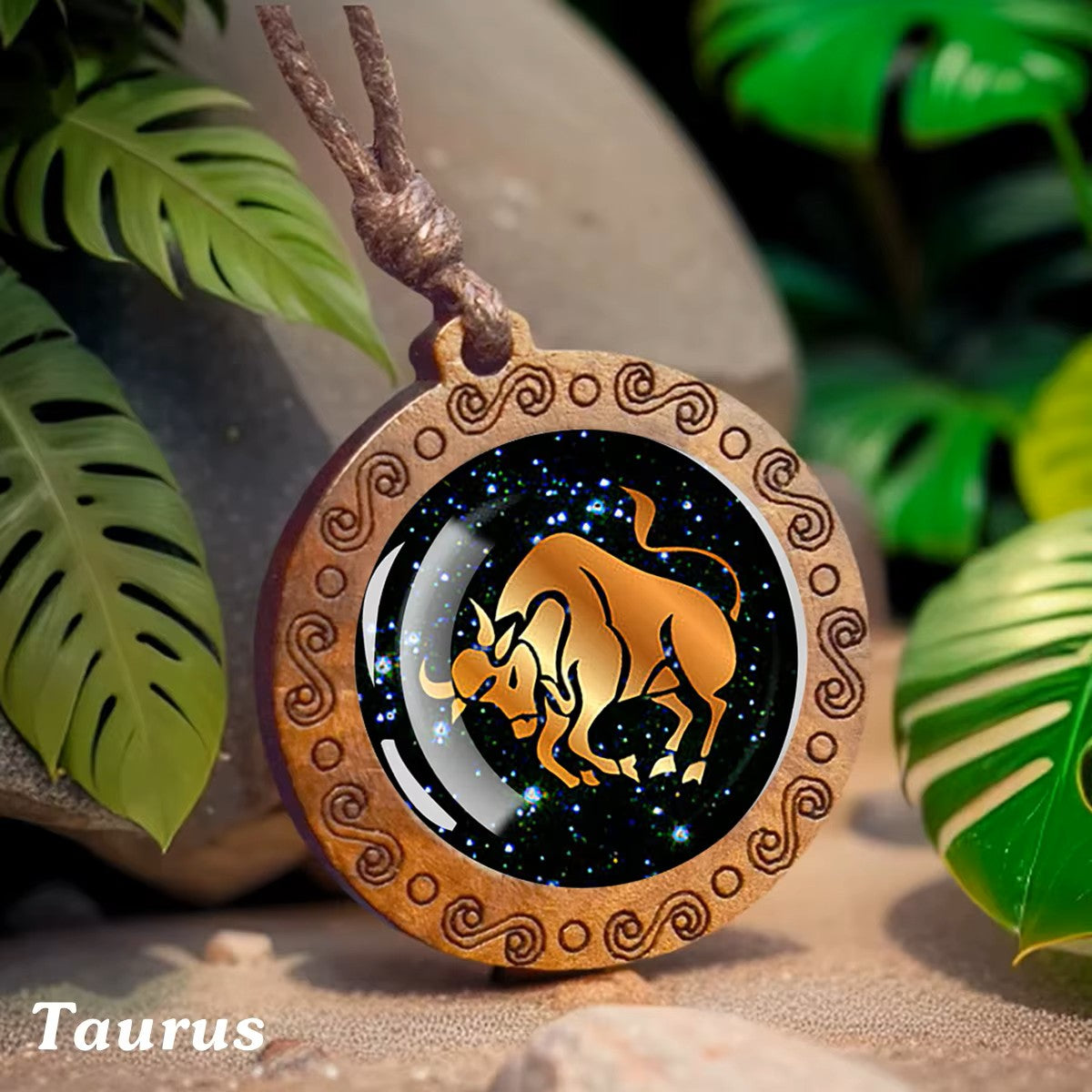 Zodiac Sign Horoscope Rope Necklace With Wood Pendant