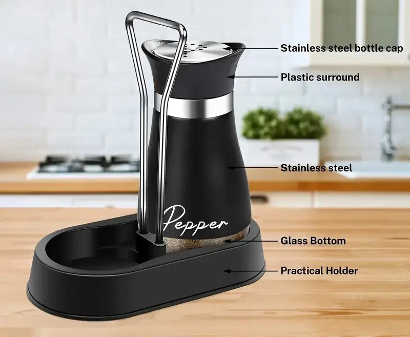 Salt and Pepper Shaker Set - 1 Stand + 2 Bottles Glass Bottle + Stainless Steel