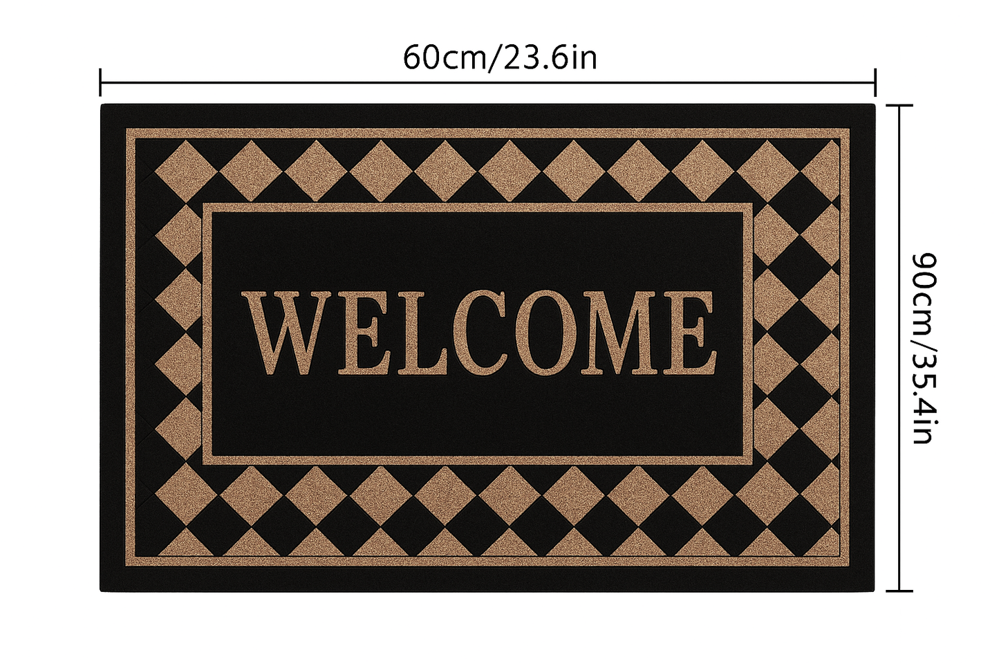 Doormat with 'WELCOME' text and geometric pattern, shown with dimensions.