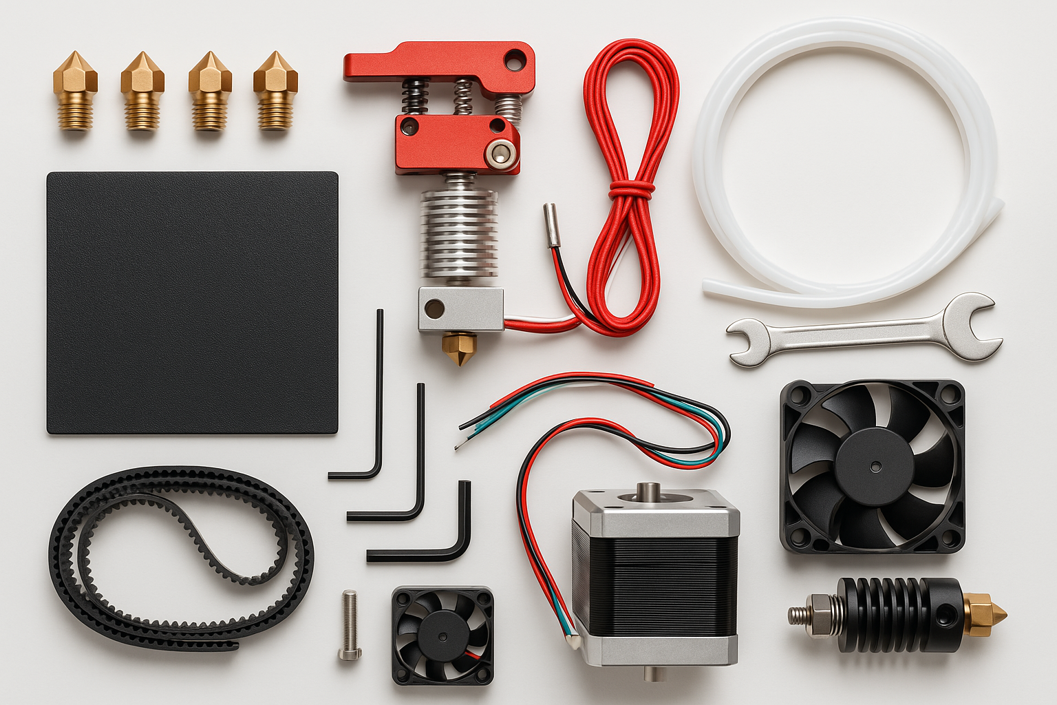 3D printer accessories including nozzles, hotends, build plates and belts