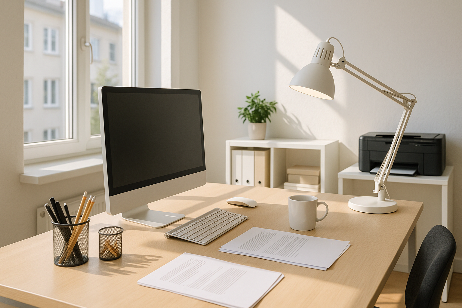 office supplies workplace items including pens, pencils, notebooks, staplers, paper clips, folders, labels and printers