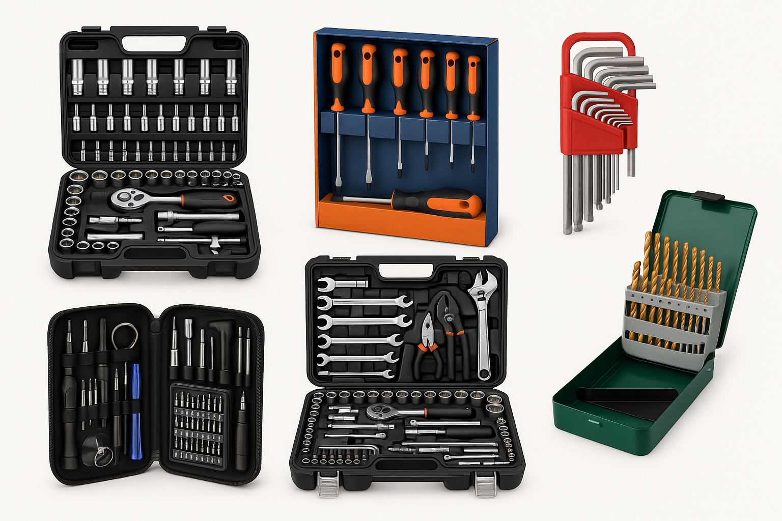 Socket wrench set with metric and imperial sockets arranged in storage case