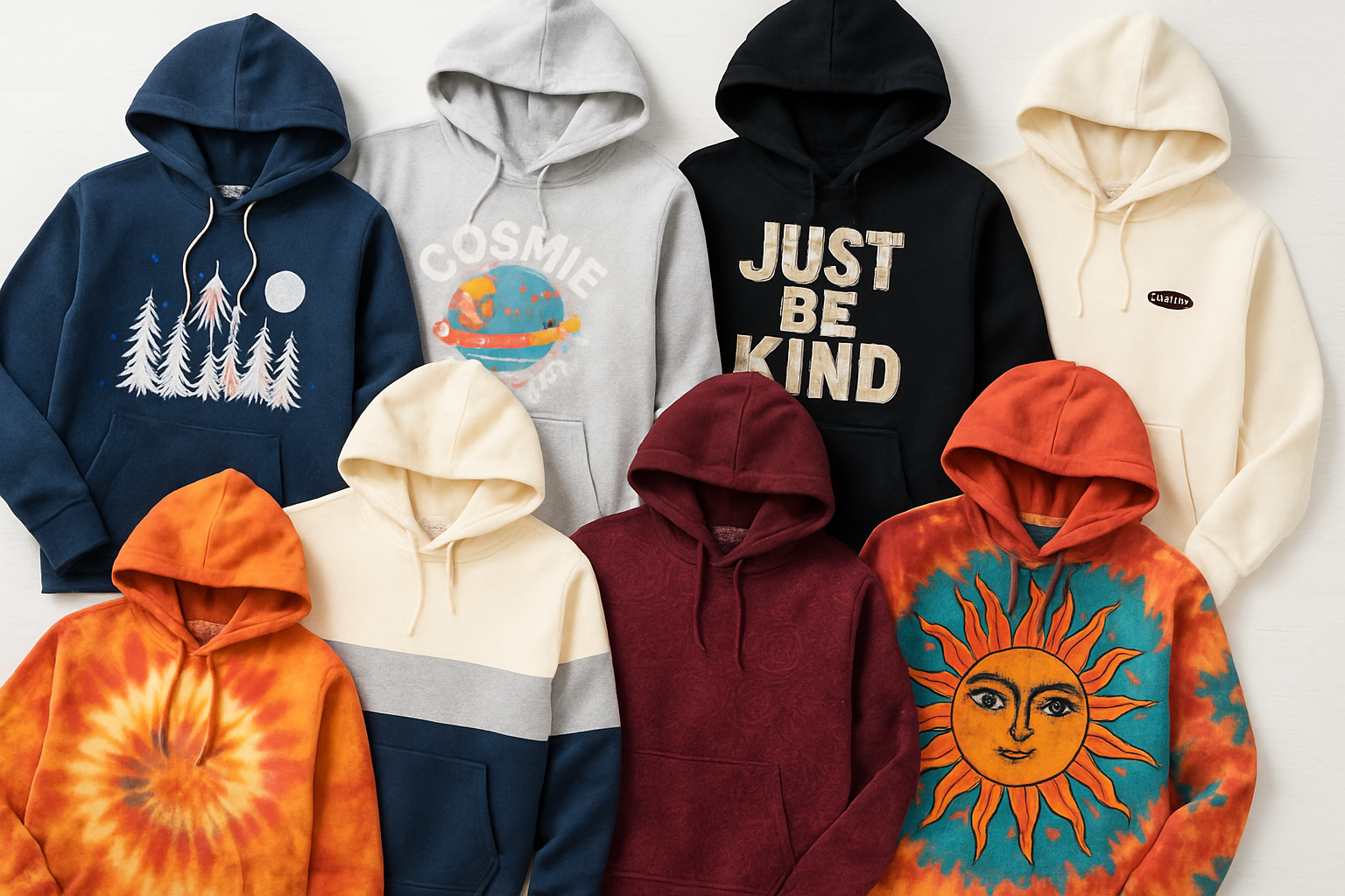 Stylish hoodies with various graphic designs and patterns