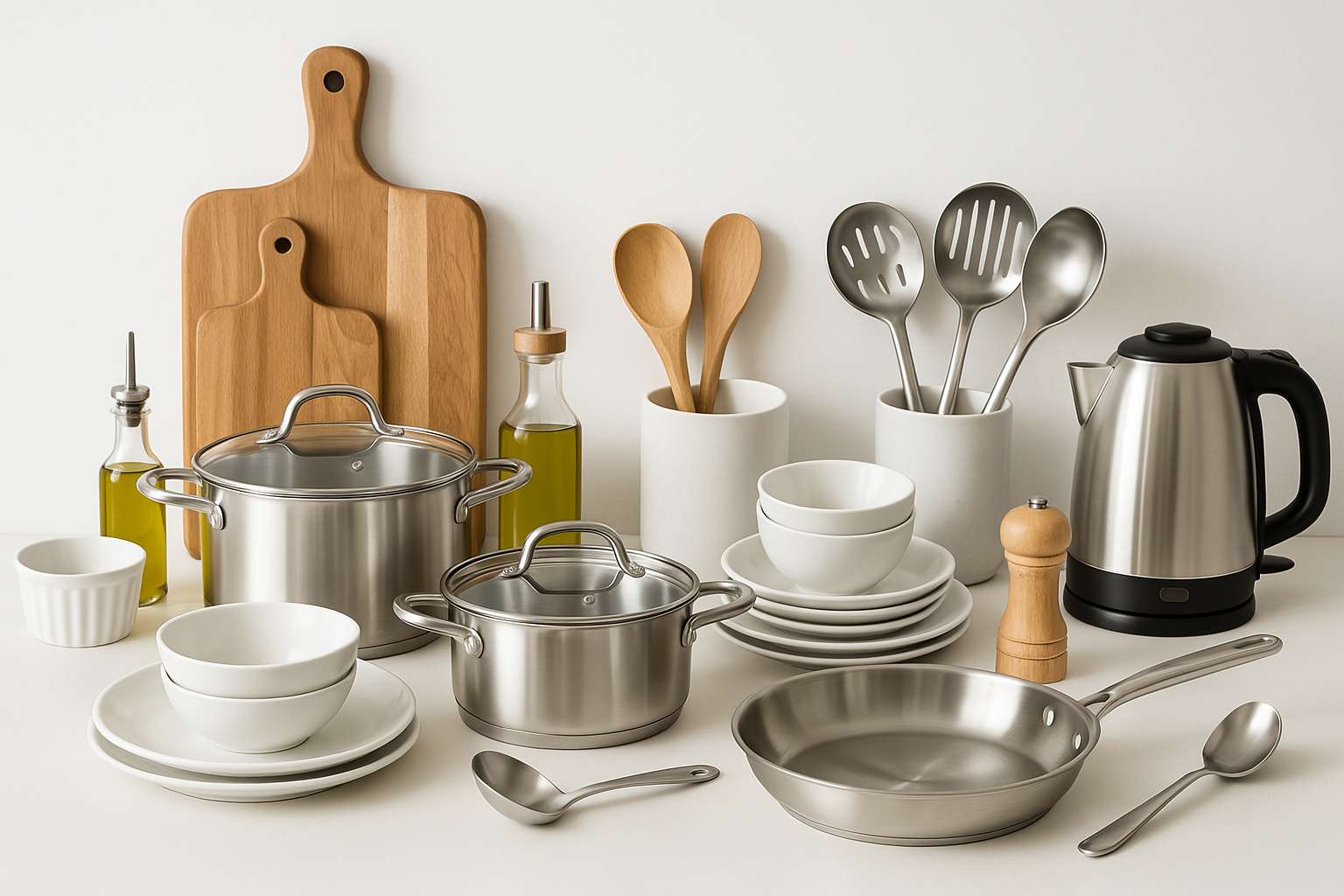 Modern kitchen collection featuring stainless steel cookware, wooden cutting boards, ceramic dishes, and kitchen utensils arranged in an elegant display