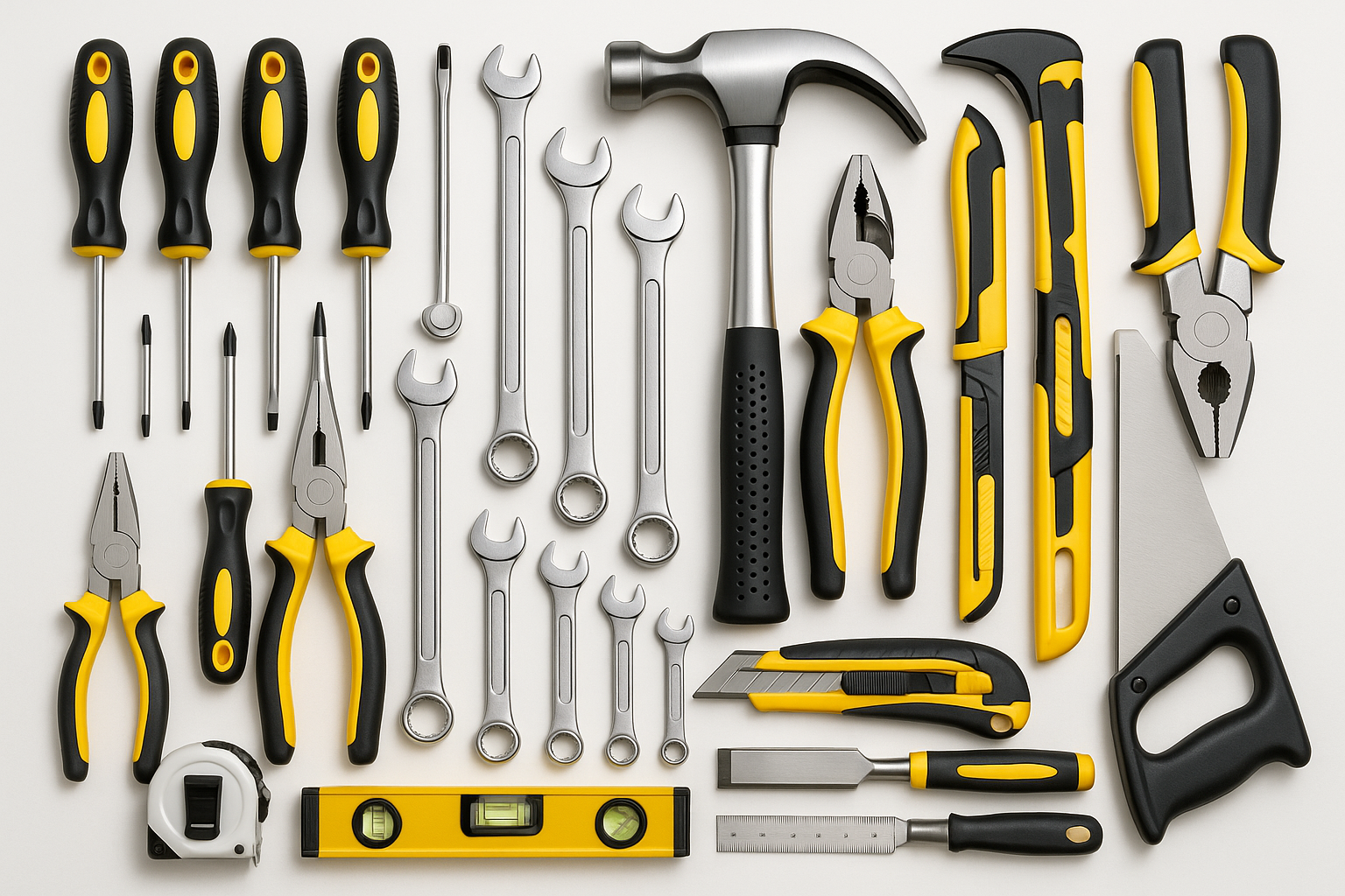 Hand tools set with screwdrivers, wrenches, pliers, hammers and measuring equipment