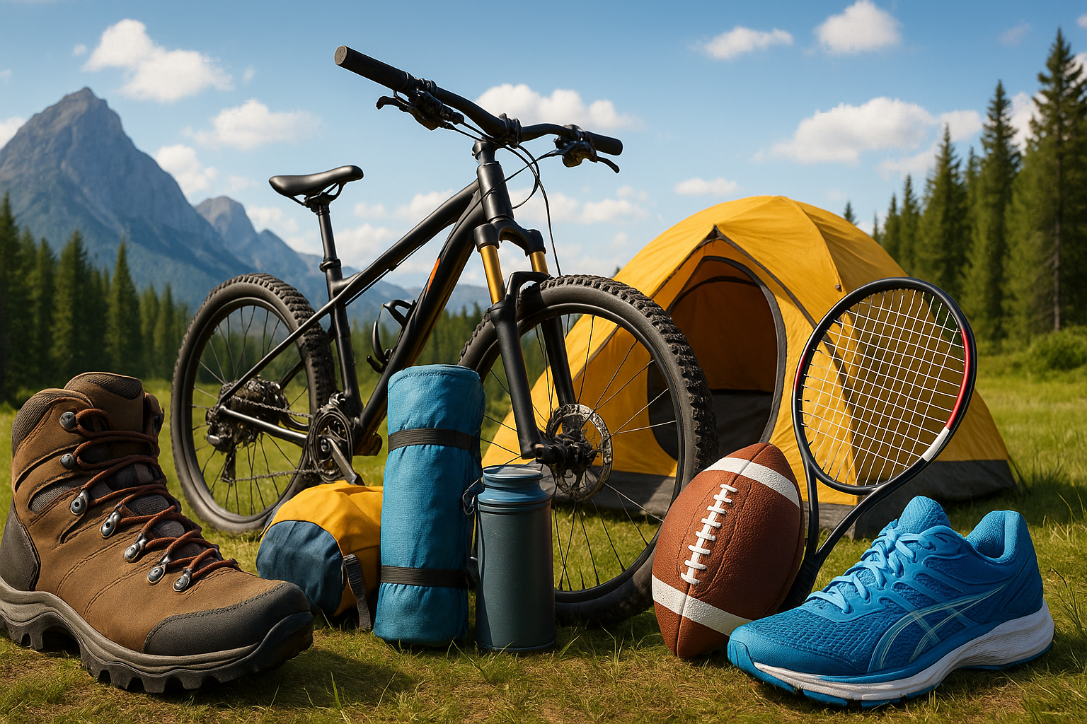 Sports and outdoor equipment including hiking boots, mountain bike, camping backpack, football, tennis racket, and running shoes arranged on natural surface