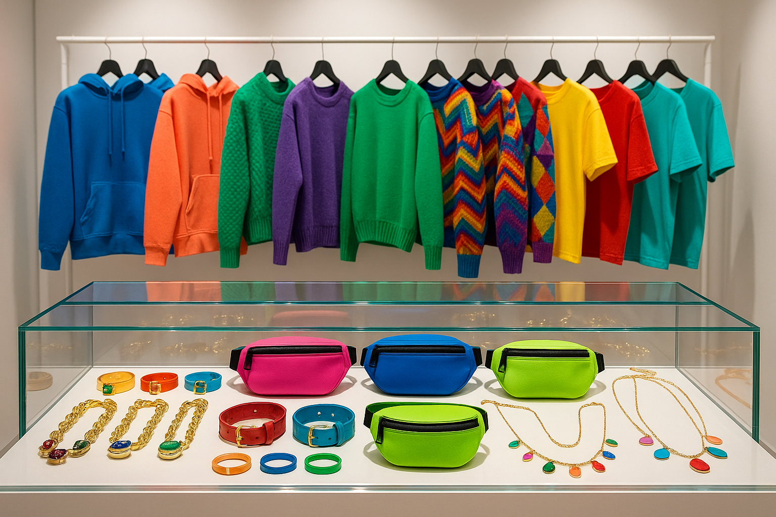 Sweater, jumper, t-shirt, hoodie, fannypack, wristband, necklace.