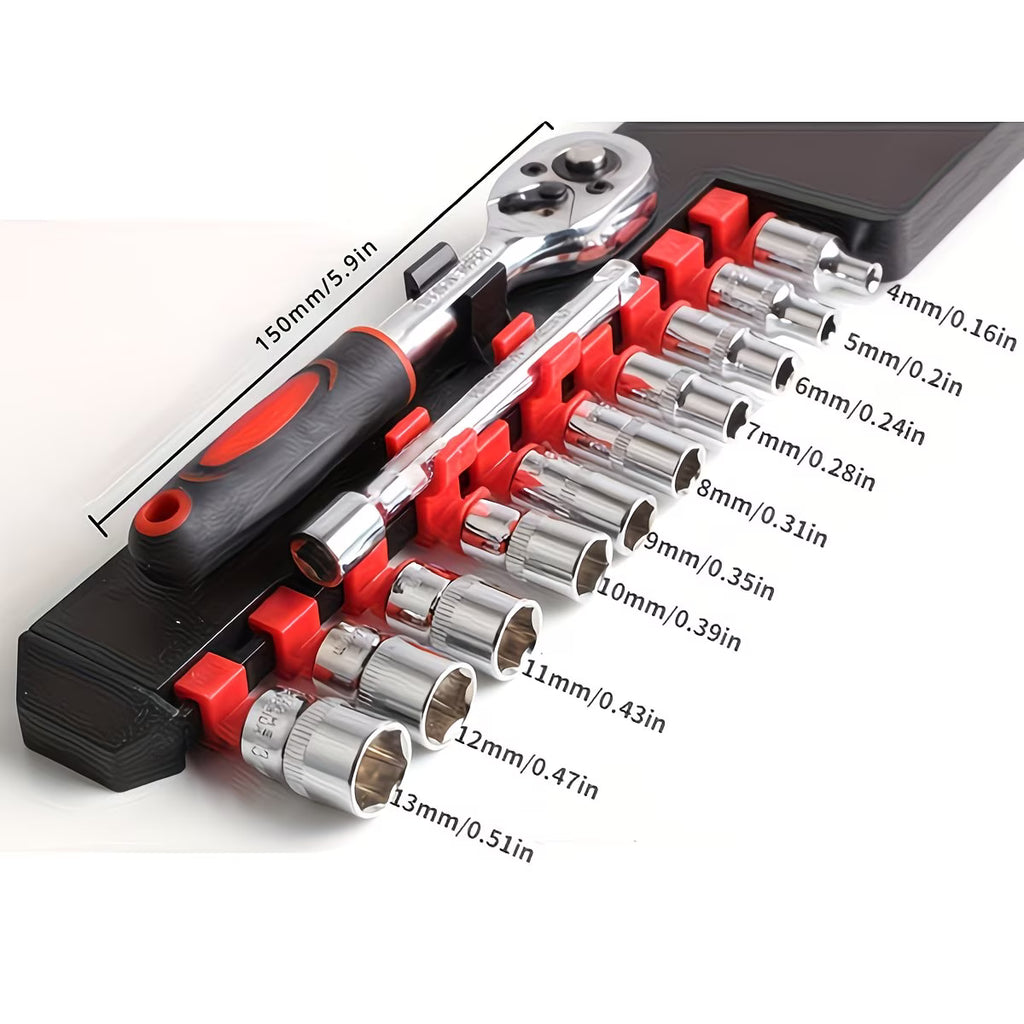 12PCS 1/4" Socket Set 4-13mm Ratchet Wrench Tool Kit Set - klmarket.uk