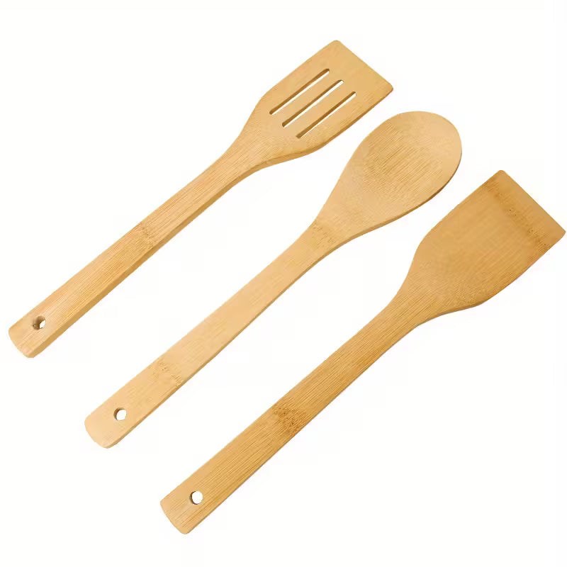 3x Bamboo Spoon Spatula Wooden Cooking Utensils Turner Tool Set - klmarket.uk