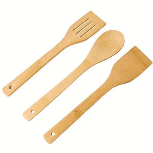 3x Bamboo Spoon Spatula Wooden Cooking Utensils Turner Tool Set - klmarket.uk
