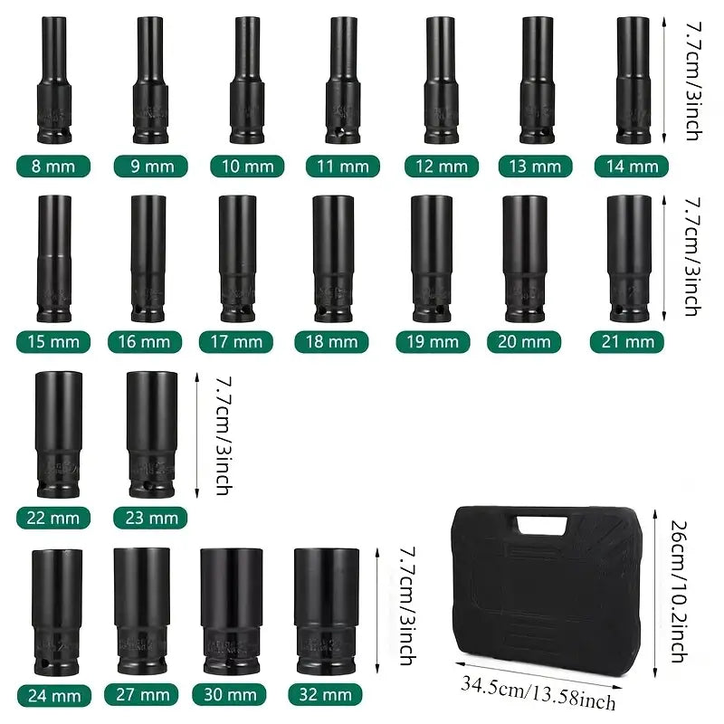 Heavy Duty 1/2" Deep Long Socket Set Tools for Car Bike Repair 20pcs
