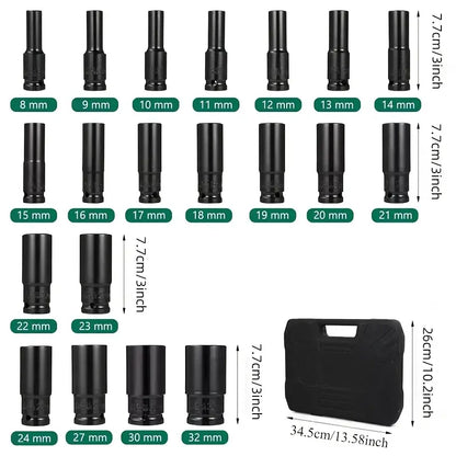 Heavy Duty 1/2" Deep Long Socket Set Tools for Car Bike Repair 20pcs