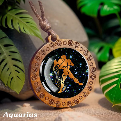 Zodiac Sign Horoscope Rope Necklace With Wood Pendant