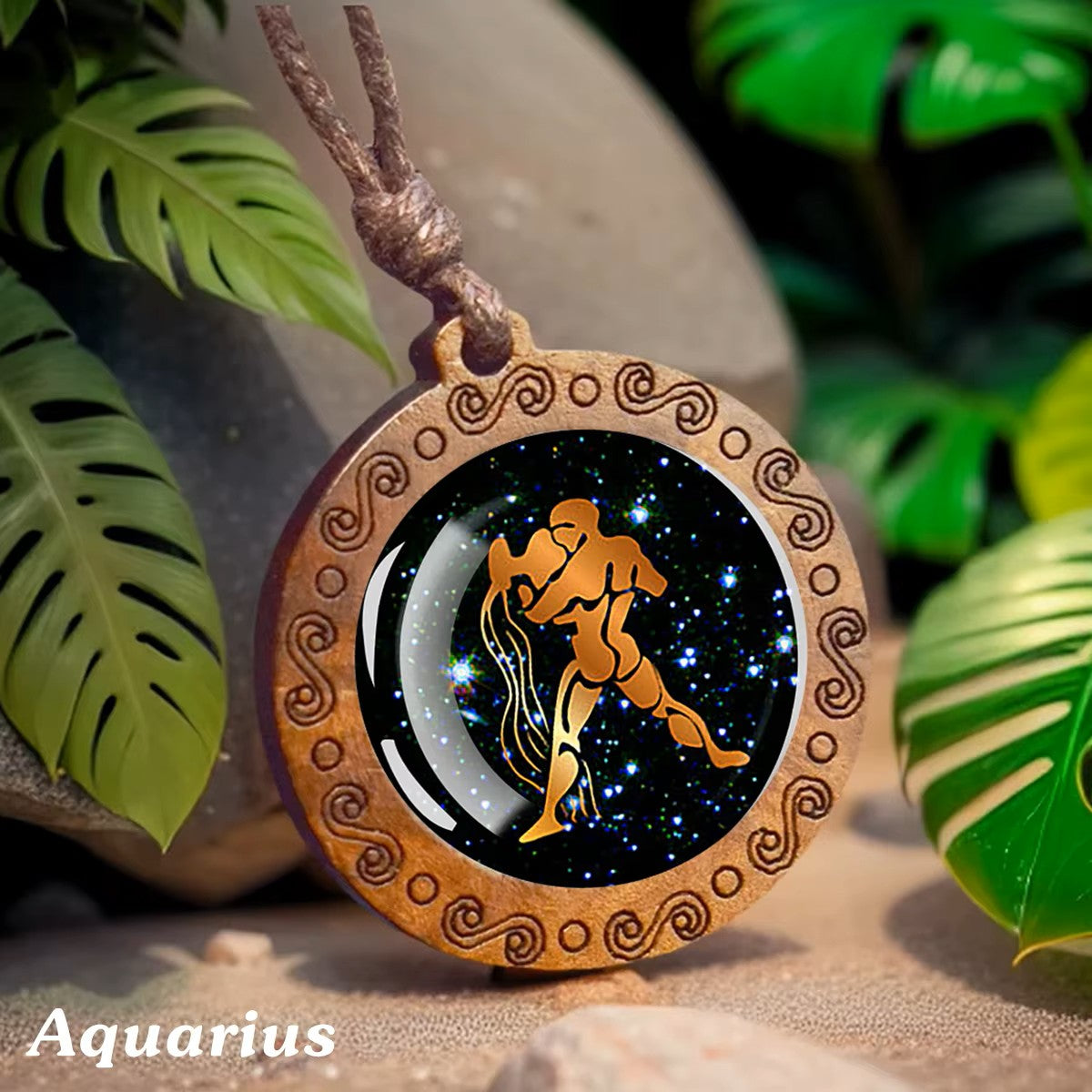 Zodiac Sign Horoscope Rope Necklace With Wood Pendant