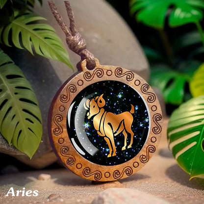 Zodiac Sign Horoscope Rope Necklace With Wood Pendant