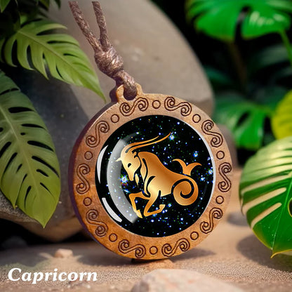 Zodiac Sign Horoscope Rope Necklace With Wood Pendant