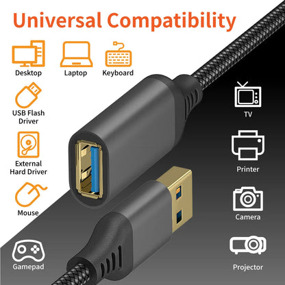 Braided USB 3.0 Extension Cable Data Transfer Lead Male to Female 3m BLACK