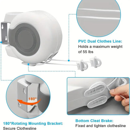 Wall-Mounted Dual Retractable Rope, Heavy-Duty Laundry Drying Line WHITE - klmarket.uk