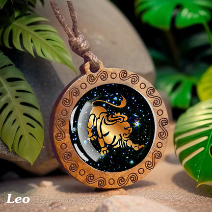 Zodiac Sign Horoscope Rope Necklace With Wood Pendant