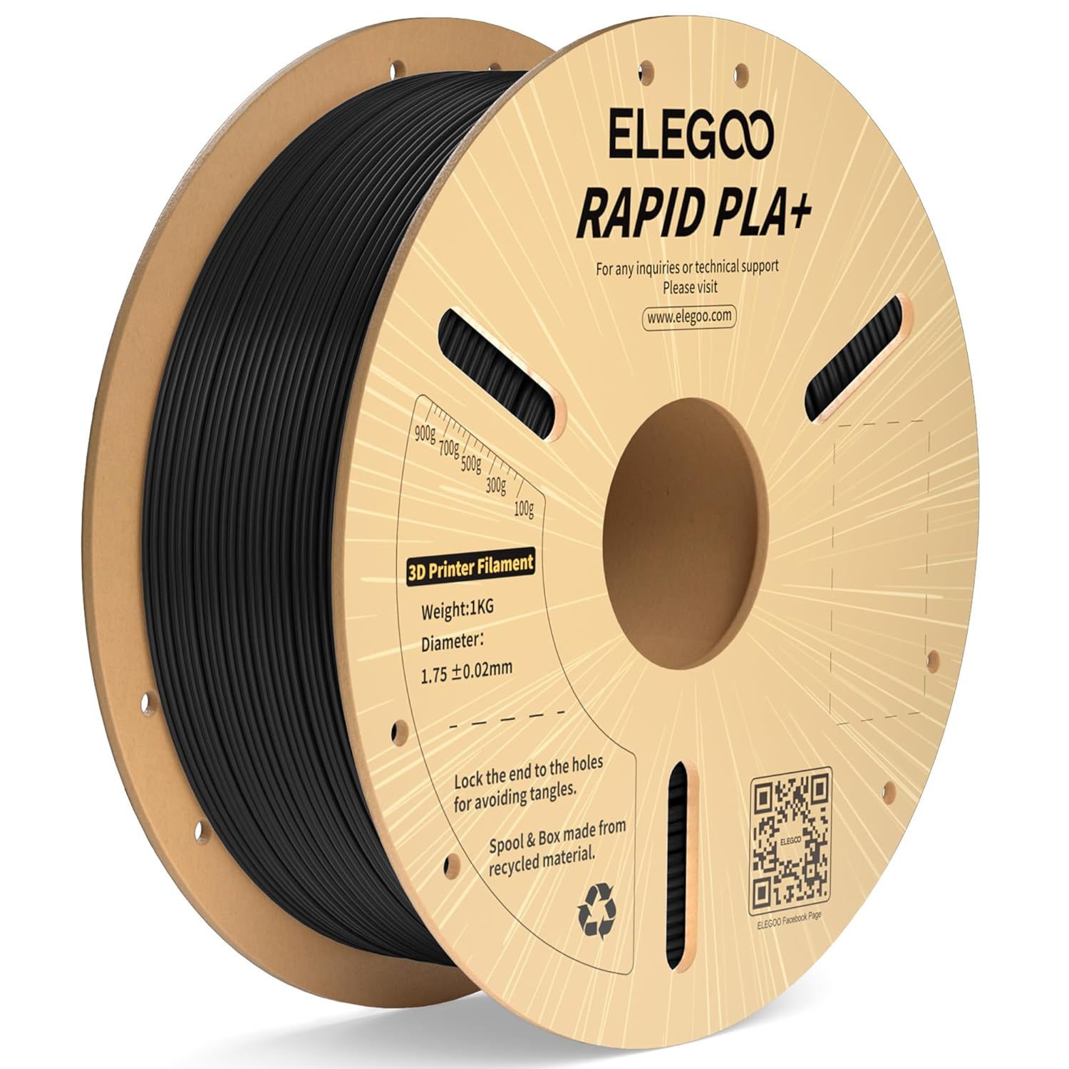 Rapid PLA+ BLACK 1.75mm 1kg FDM 3D Printer Filament ELEGOO Black - klmarket.uk