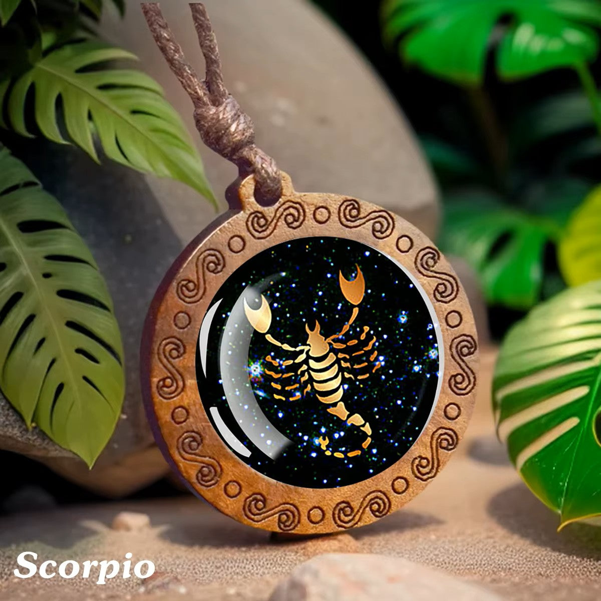 Zodiac Sign Horoscope Rope Necklace With Wood Pendant