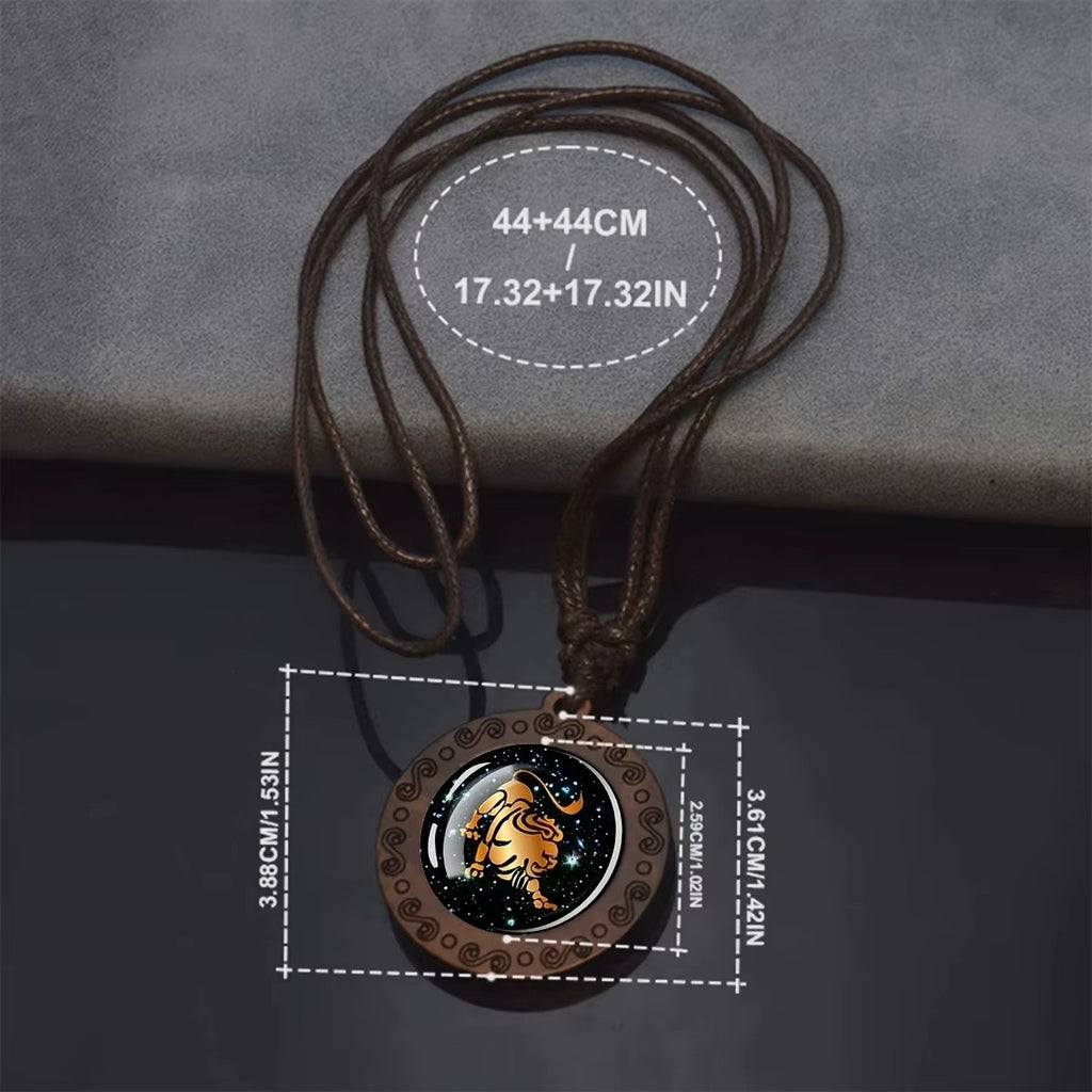 Zodiac Sign Horoscope Rope Necklace With Wood Pendant
