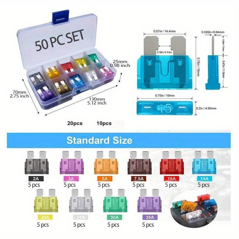 Standard Car Fuses 2A-35A Fuse Kit 50pcs Set - klmarket.uk