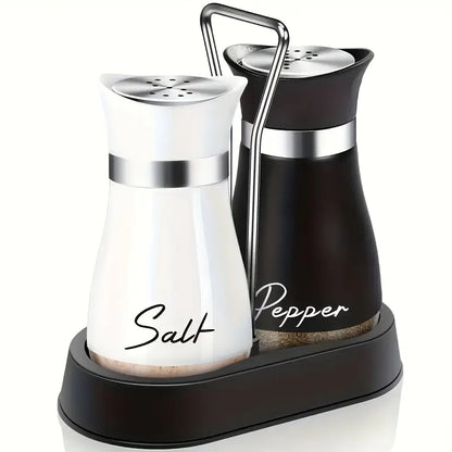 Salt and Pepper Shaker Set - 1 Stand + 2 Bottles Glass Bottle + Stainless Steel