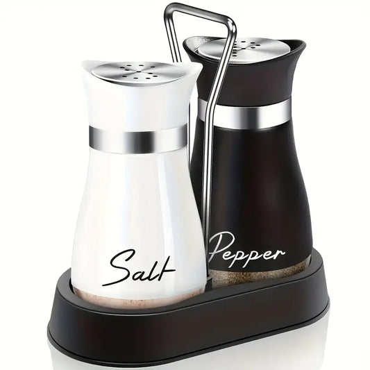 Salt and Pepper Shaker Set - 1 Stand + 2 Bottles Glass Bottle + Stainless Steel