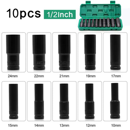 Heavy Duty Long Reach 1/2 inch 12.5mm Square Head 10pcs Socket Set